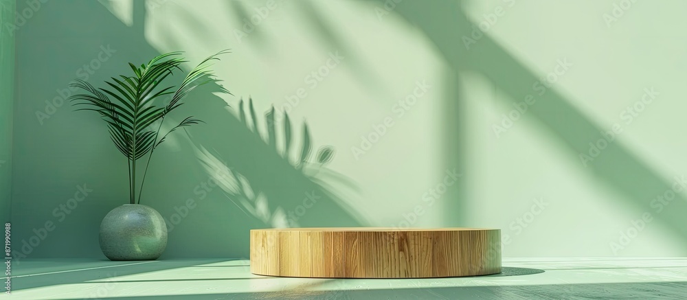 Aufkleber minimalistic wooden podium placed on a pale green backdrop with interplay of light and shadows creat