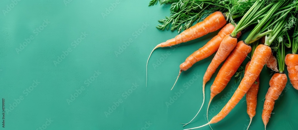 Poster A summer-themed vegan food concept featuring some fresh carrots on a green background with copy space image available.