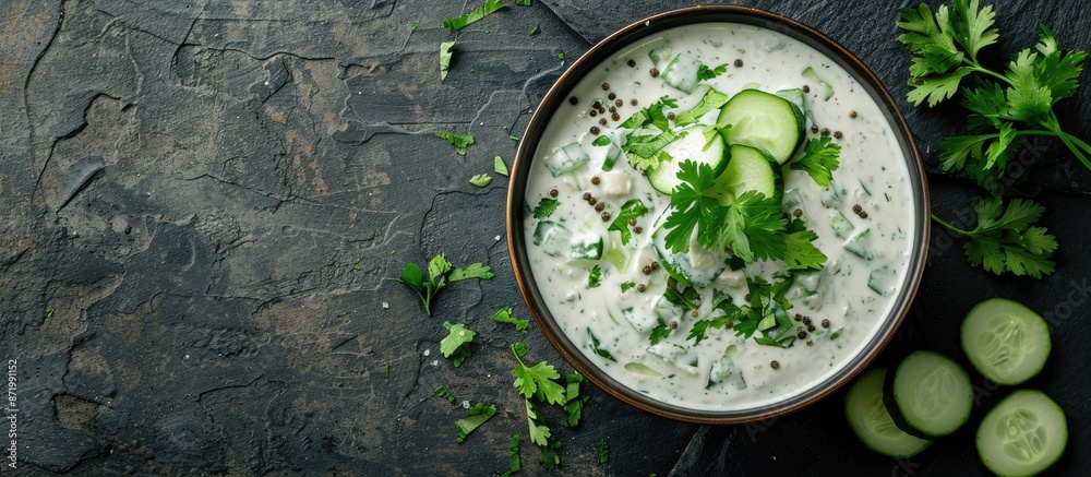Poster top-down view of classic indian raita featuring cucumber, cumin, and coriander with ample copy space