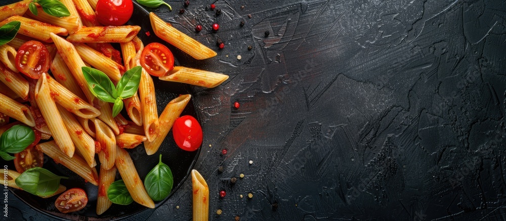 Poster A top-down shot of penne rigate pasta with cherry tomatoes and basil on a dark, textured background, featuring a designated area for text and allowing for customization with a copy space image.