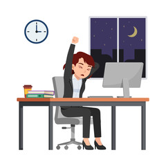 woman employee work overtime at night, feeling sleepy and sit in desk working on office with computer
