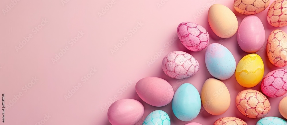 Poster Colorful Easter eggs on textured pink paper background with ample copy space image for text, captured from a top view in a flat lay style with a close-up shot.