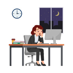 woman employee work overtime at night, feeling sleepy and sit in desk working on office with computer