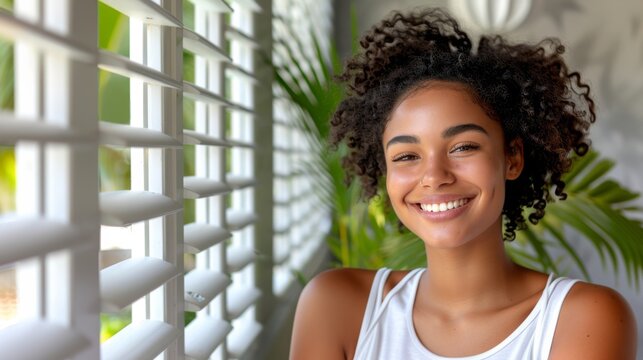 Inspire your audience with a stock-style image showcasing a beautiful woman looking out through open blinds against a minimalist white