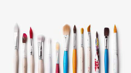 A collection of various paintbrushes in different sizes and shapes, neatly arranged on a white background.