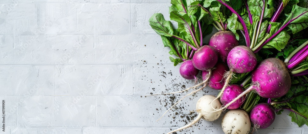 Poster Close-up shot of vibrant purple and green daikon radishes placed on a white tiled table, with a clear area suitable for adding text, creating a copy space image.