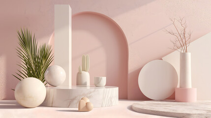 Fototapeta premium 3d scene with abstract ball and pink background with white marble and vase. 3d render in the modern style.