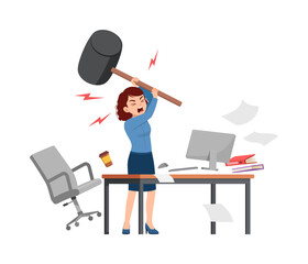 Fototapeta premium woman angry, employee working on office with computer, holding big hammer