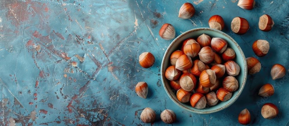 Poster Hazelnuts displayed beautifully with a delicate background in a top view copy space image.