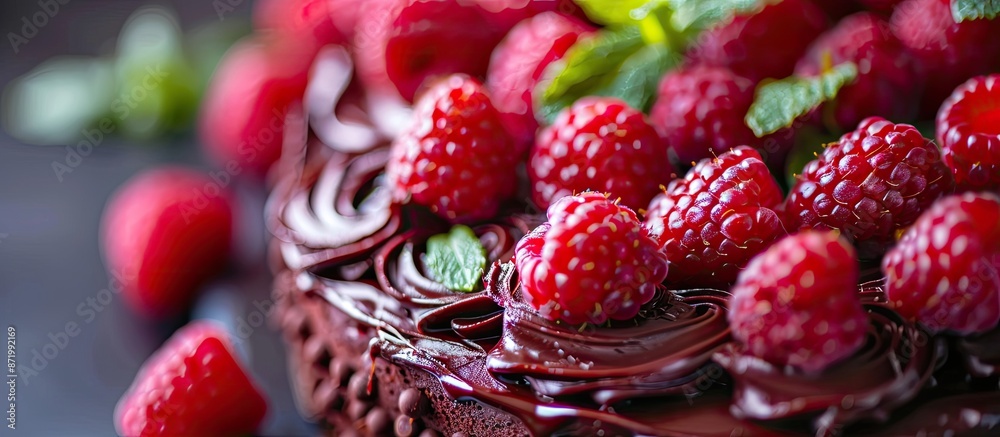Poster detailed close-up image of a chocolate cake adorned with raspberries and mint, offering room for you