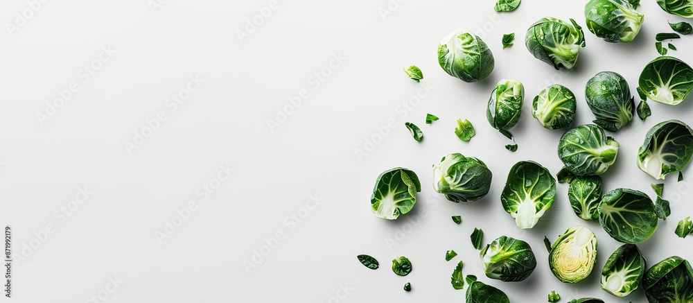 Poster Freshly cut, cleaned Brussel sprouts are isolated with a simple background in the copy space image.