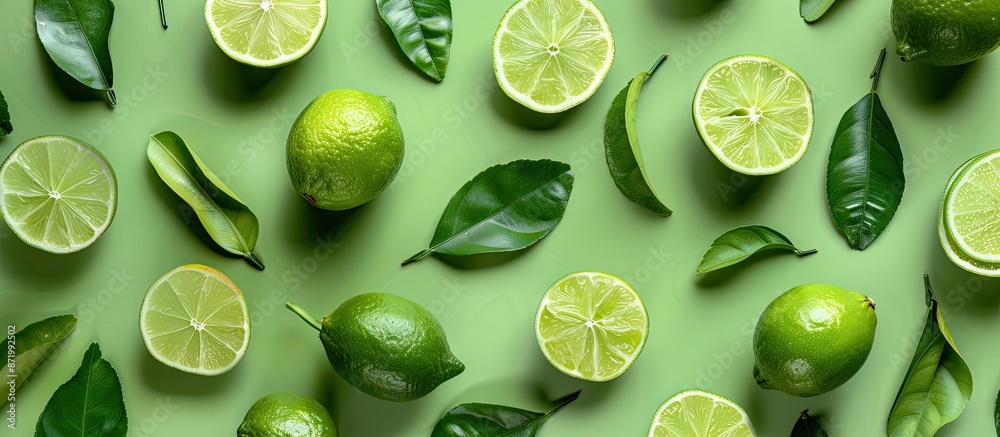Poster a vibrant green background displays fresh lime slices with leaves, offering copy space in a top view