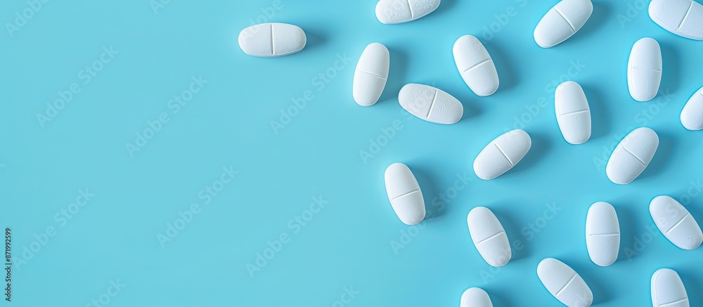 Poster top-down macro view of several white medical pills on a blue backdrop, providing ample copy space fo