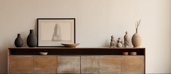 Aesthetic living room decor with a wooden sideboard, a vase, books, modern sculpture, beige stucco wall, and personal accessories, featuring copy space image.