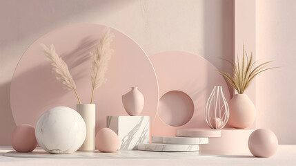 Fototapeta premium 3d scene with abstract ball and pink background with white marble and vase. 3d render in the modern style.