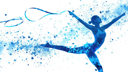 Naklejka premium Blue Ink Painting of Rhythmic Gymnast Silhouette: Light Blue Watercolor Style with Splash Effects.