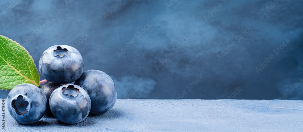Aufkleber close-up macro image of a blueberry on a table against a blue concrete background, designed with spa