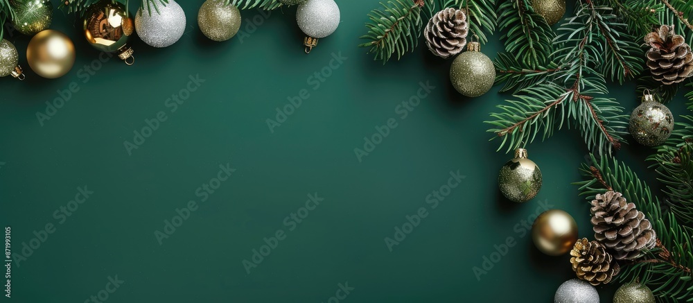 Poster a vibrant green background featuring fir branches adorned with golden and silver ornaments, perfect 