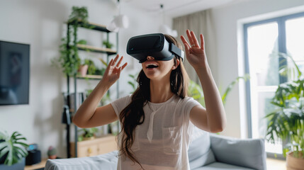 Young woman enjoying virtual reality with a VR headset, raising hands in wonder, standing in a bright living room with plants.