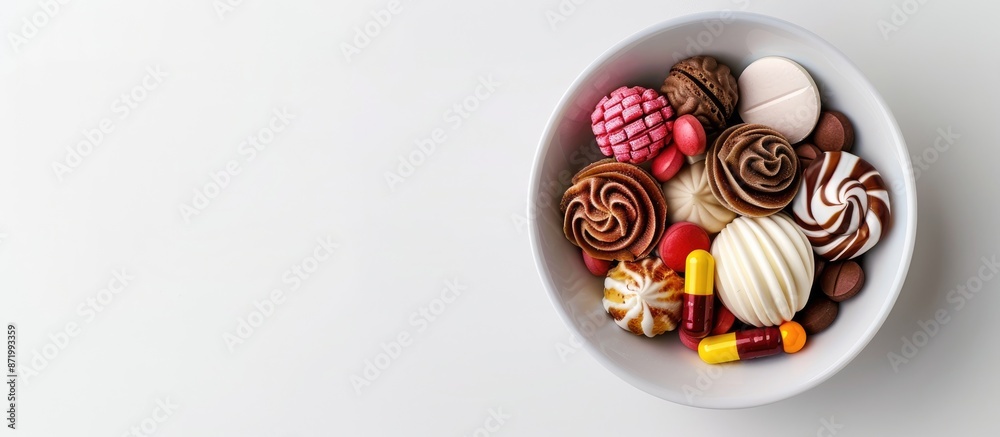 Poster sweet treats arranged in a bowl on a white background with a medical pill placed at the edge, creati