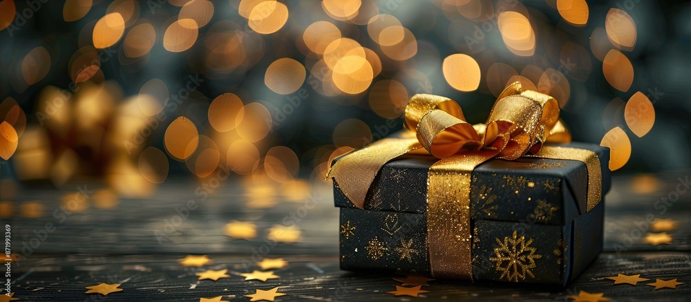 Poster gift box with a golden ribbon on a table, embodying christmas, new year, and valentine's day themes.