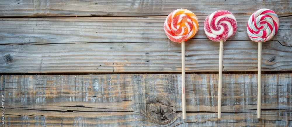 Poster Top view of sweet lollipops on a rustic wooden background creating an appealing copy space image.