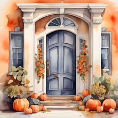 Naklejka premium There is a painting of a front door with pumpkins and leaves generative ai
