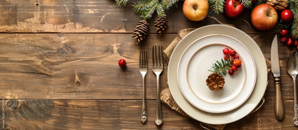 Aufkleber Table setting adorned with natural elements, featuring a rustic charm and a rustic appeal ideal for a copy space image.
