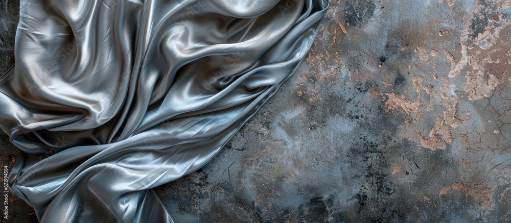Poster grey stone background with a piece of satin fabric creating an abstract effect, with copy space imag