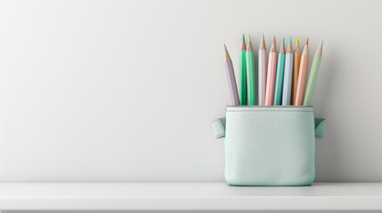 Fototapeta premium Colorful pencils in a light blue pencil case, neatly arranged against a white background, perfect for school or art.