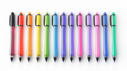 A row of colorful pens neatly aligned on a white background, each pen featuring a vibrant color and black tip.