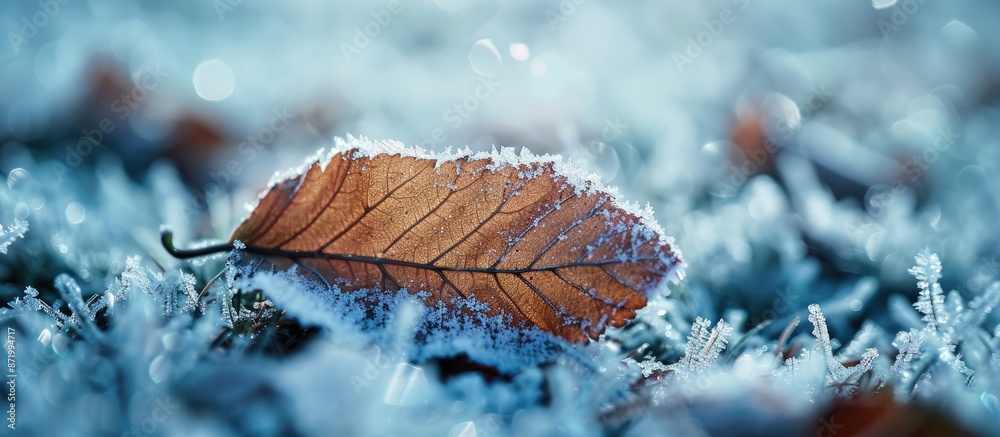 Poster a beautiful close-up winter image with a leaf covered by snow and ice, highlighting the texture and 