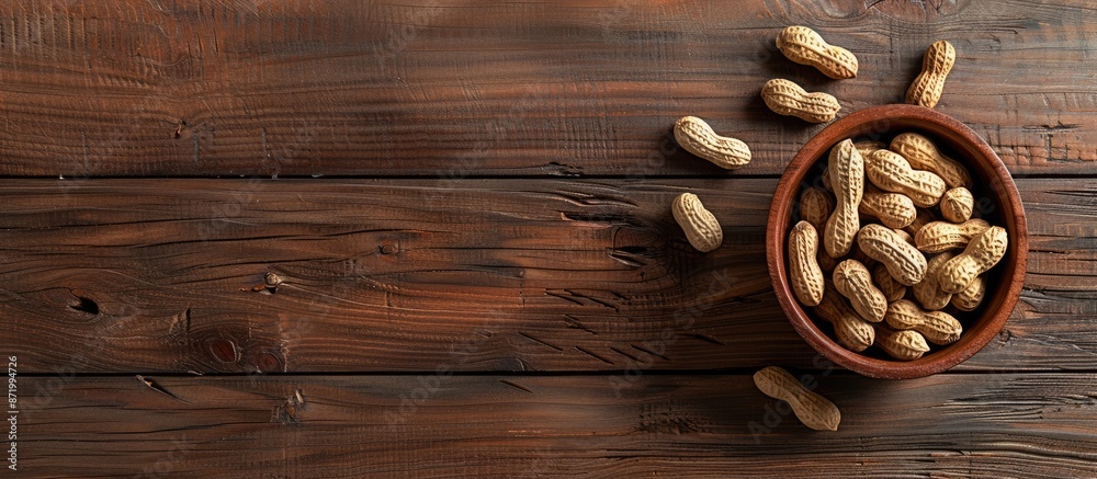 Poster a wooden table displays a bowl of peanuts with space for text or images.