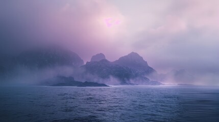Naklejka premium Epic Fog on the ocean and in the distance an mystical island is appearing with a purple haze over the island