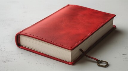 Red Leather Bound Journal With Bookmark on White Surface