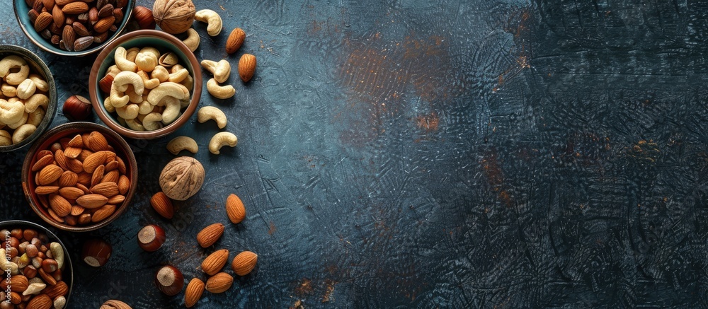 Aufkleber flat lay of various nuts like hazelnuts, cashews, and almonds in bowls on a textured background with