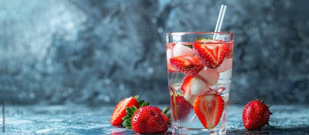 Poster glass with a straw holding a mix of sliced strawberries on a gray backdrop, with available copy spac