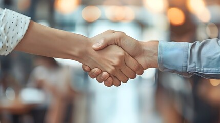 Colleagues Shaking Hands in Congratulatory Handshake with Blurred Office Environment