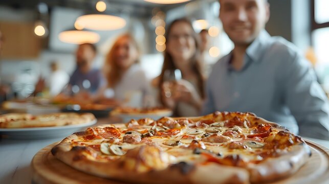 Colleagues Enjoy Celebratory Pizza Party in the Office