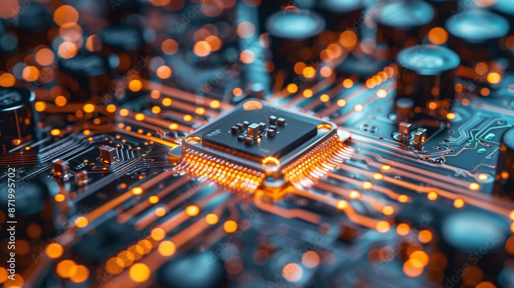 Poster A close-up image of a microchip on a circuit board with illuminated traces.