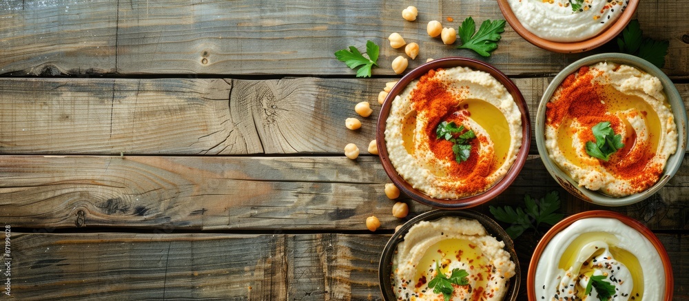 Poster various delectable hummus varieties presented on a wooden surface in a flat lay composition, featuri
