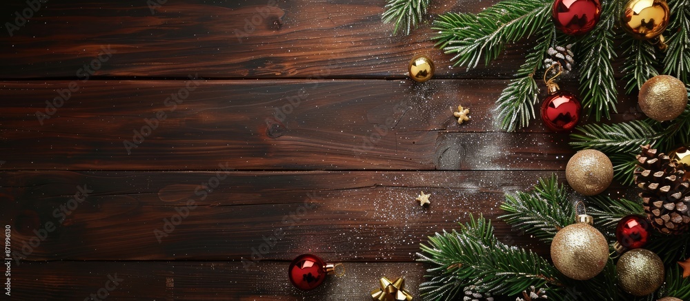 Poster a background of brown brushed wood with glittering shiny toy balls on fir and spruce pine branches, 