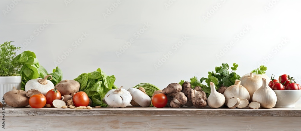 Aufkleber Various fresh vegetables and mushrooms arranged on a white kitchen table, with ample space for adding text in the image.