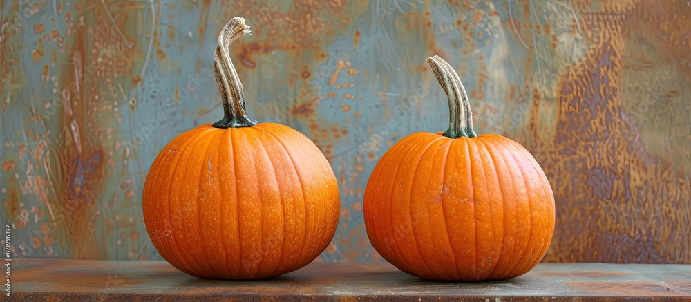 Poster two pumpkins in orange hues set against a rustic background with brown and blue tones, providing amp