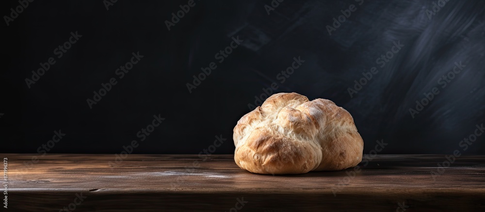 Poster dough lump resting on a wooden table with a dark backdrop, showing ample copy space image.