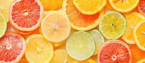 Obraz premium Background of sliced lemons, oranges, grapefruits, and limes with copy space image.