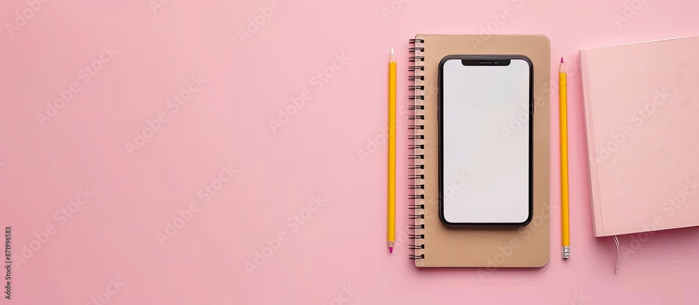Poster Minimalistic flat lay composition featuring a notebook, pencil, and smartphone on a pink background with ample copy space image.