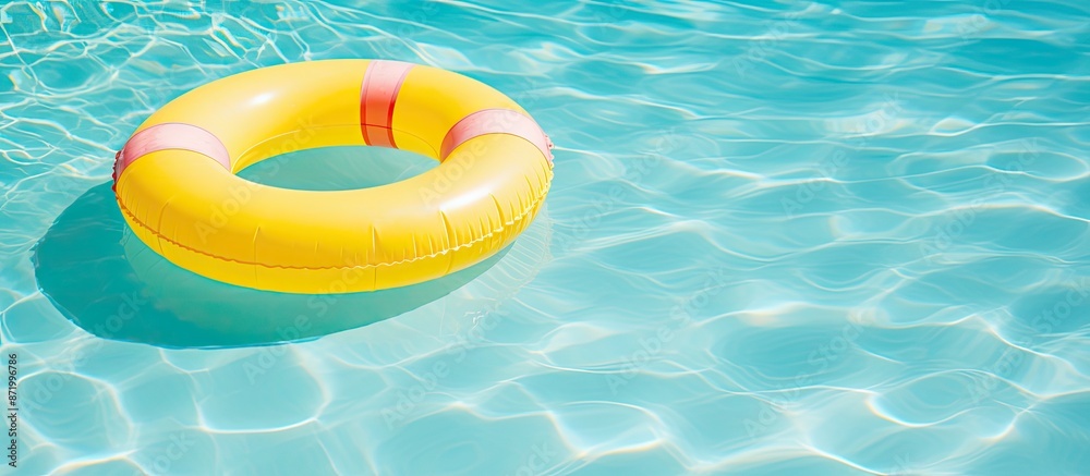 Poster Vacation-themed image with copy space featuring a floating yellow inflatable ring in a swimming pool.