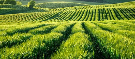 Fresh green cereal field with tractor tracks, ideal copy space image.