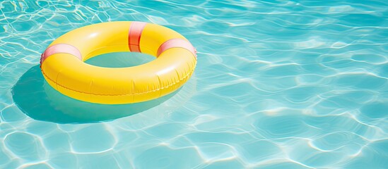 Vacation-themed image with copy space featuring a floating yellow inflatable ring in a swimming pool.